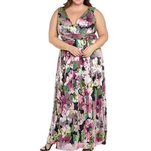 SLNY Floral Metallic Maxi Dress Women 24W NWT Pink Multi V-Neck MSRP $159